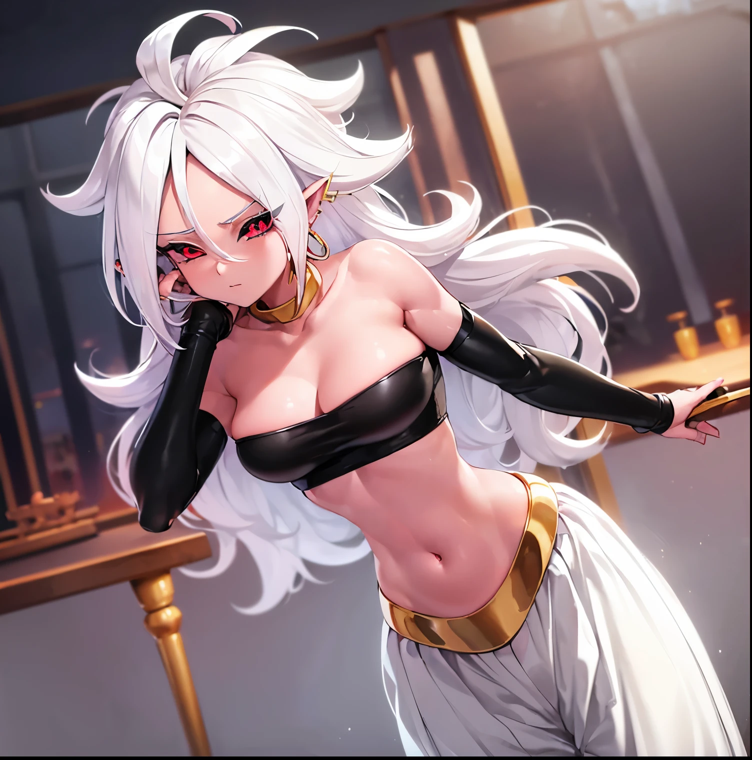 ((1girl)),((alone)), android 21, \(dragon ball \),(masterpiece), (best quality), (ultra detailed), (best illustration), (best shadow), (absurdities) , sharp focus, cowboy shot, atmospheric perspective, depth of field, dynamic posture, ((looking at viewer)), medium breasts, narrow waist, wide hips, medium thighs, round butt, erotic, romantic, (highly detailed eyes, lips 1.1), highly detailed eyes, eyes, Highly detailed face, Very beautiful face, Symmetrical face, Aesthetic face, perfect face, perfect eyes, detailed eyelashes: 1.5), full height, beautiful slim figure, femininity, expressive appearance, elastic medium breasts, sexuality, parted lips, ((white hair:1.4)), long hair, ((messy hair:1.3)), ((pointed ears)), ((hoop earrings:1.2)), ((red eyes)), red iris, colored sclera, ((black pupil:1.3))((black sclera: 1.4)), (( pink skin:1.4)),((tail:1.3)), ((bare shoulders)), ((strapless)), loose sleeves, bracelet, ((abdomen)), ((harem pants:1.3)),((white pants:1.4)), dragon ball, position, cowboy, shot, smile, curves, defined body, perfect and beautiful body, perfect and beautiful, stoic expression, closed mouth, ( (serious expression)), blushing, (sexy pose: 1.2), ((solo)), standing: 1.3, ((interior, laboratory, table, robotic parts, table, window, sunset)), Looking forward, ((focus on breasts :1.4)), point of view : (from below), perfect anatomy, perfect hands