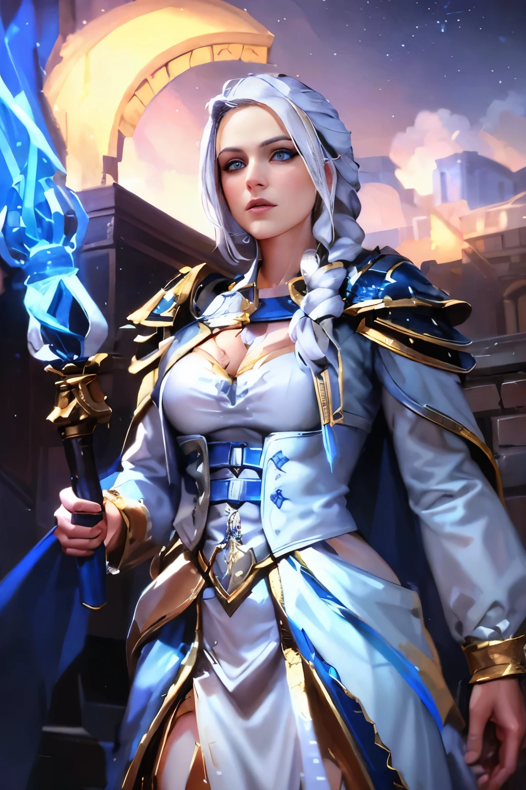 Woman in a blue and white dress holding a blue cane., Jaina Proudmoore, Portrait of a sorceress, Female Magician, Portrait of a mage, female cleric, fantasy paladin woman, epic mage girl character, epic exquisite character art, Maya Ali as Lightning Magician, maya ali as d&D Sorcerer, white hair with yellow in the front of the hair, defined blue eyes, young