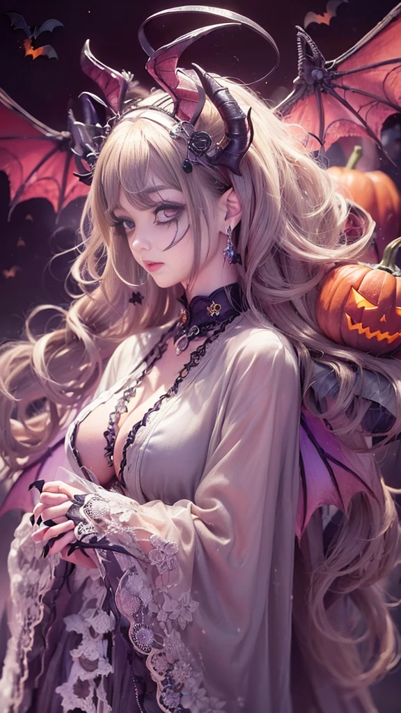 NSFW, ((masterpiece, best quality, extremely detailed, absurdres)),Please draw a realistic, high-definition animated illustration. The theme is Halloween, and the main character is a cute girl wearing a pumpkin on her head. She is dressed in her underwear, but her face is well hidden by the pumpkin mask and she is shyly posing in a cute pose. The background depicts cute monsters such as ghosts, bats, and jolly skeletons enjoying the Halloween festivities with snack candy. Decorated with lanterns, spider webs, and Halloween decorations, the background has a bright and lively atmosphere. The style has a dramatic touch, with deep shadows and a storybook feel, yet still retaining elements of animation. --sexy, --erotic, --adult, --underwear, --pumpkin head, --snack candy