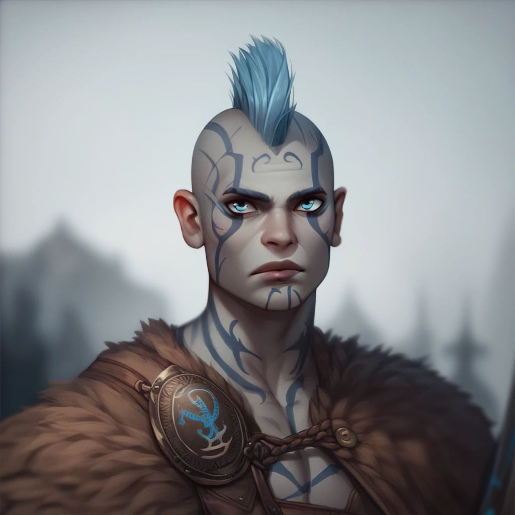 ((( beautiful,  high quality))), Score_9, Score_8_high, Score_7_high, Goliath, gray skin, large,  muscular,  body tattoo , Face tattoo, ***ung,  male focus,  blue eyes, bald,  brown cape with fur , Blue tattoo ,  Fantasy background,   blurred background , silver-colored mohawk cut