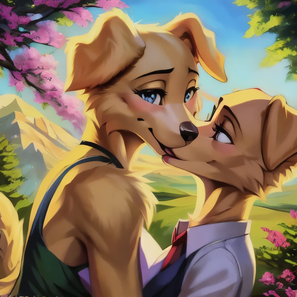 (masterpiece, best quality:1.2), Jack, beastars, (yellow labrador:1.2), (twink:1.5), romantic kiss, detailed facial features, beautiful eyes, voluptuous lips, cinematic lighting, vibrant colors, dynamic composition, fantasy landscape, magical atmosphere, photorealistic, intricate details male x female 