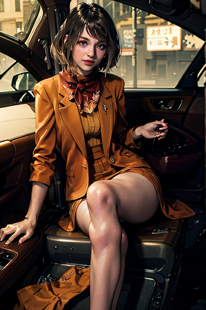 masterpiece),(Best Quality:1.0), (Ultra High Definition:1.0), Details, 1 young girl, Blue sundress, Golden Hour, Detailed beautiful skin, (sitting in the passenger seat of the car), Detailed eyes, legs open, sexy, damp crotch, embarrassing, skirt lift, showing panties, seduction