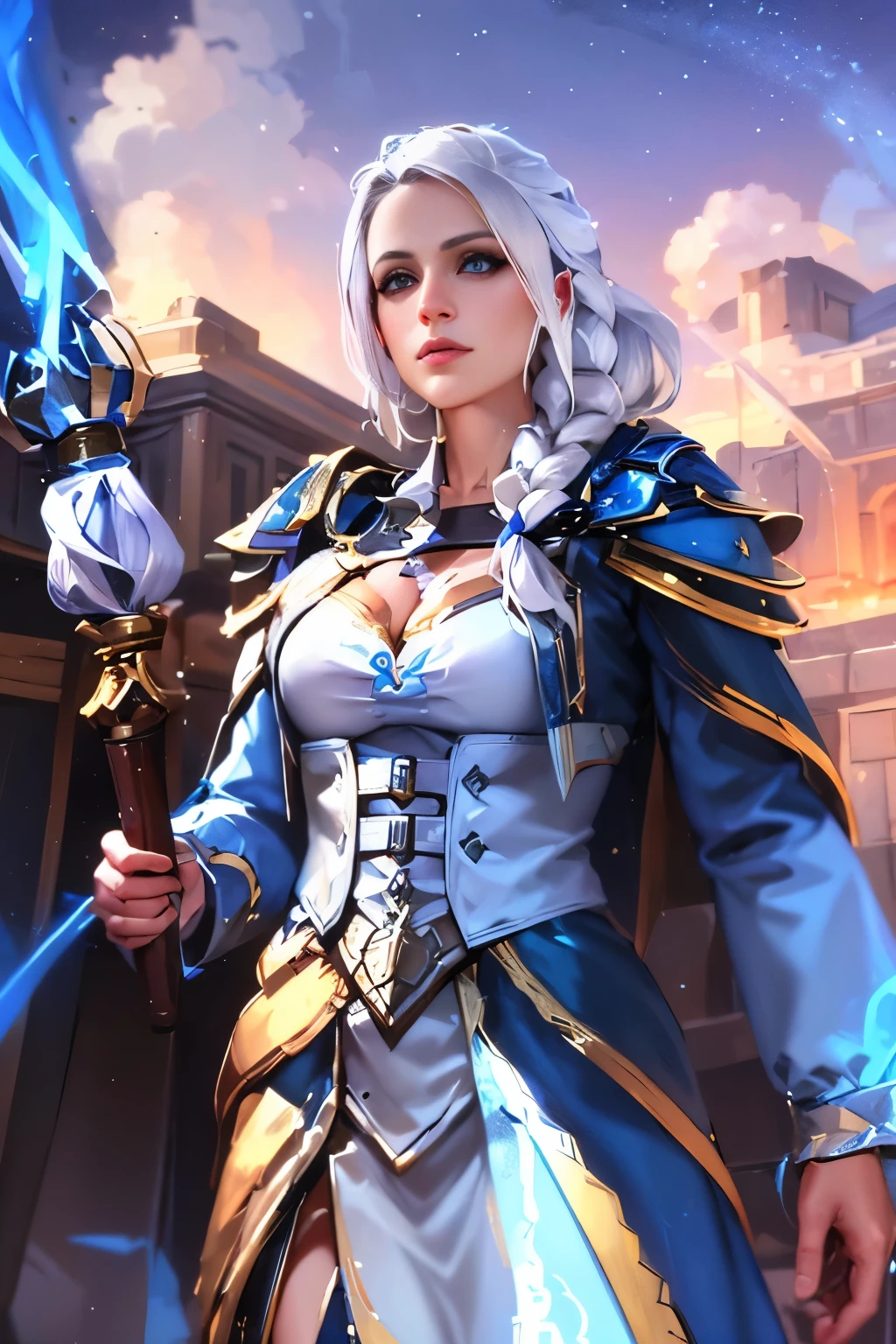 Woman in a blue and white dress holding a blue cane., Jaina Proudmoore, Portrait of a sorceress, Female Magician, Portrait of a mage, female cleric, fantasy paladin woman, epic mage girl character, epic exquisite character art, Maya Ali as Lightning Magician, maya ali as d&D Sorcerer, white hair with yellow in the front of the hair, defined blue eyes, young