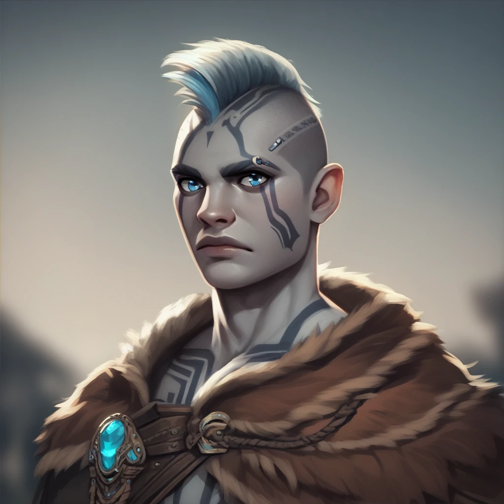 ((( beautiful,  high quality))), Score_9, Score_8_high, Score_7_high, Goliath, gray skin, large,  muscular,  body tattoo , Face tattoo, 1young,  male focus,  blue eyes,  brown cape with fur , Blue tattoo ,  Fantasy background,   blurred background , silver-colored mohawk cut tied to the back