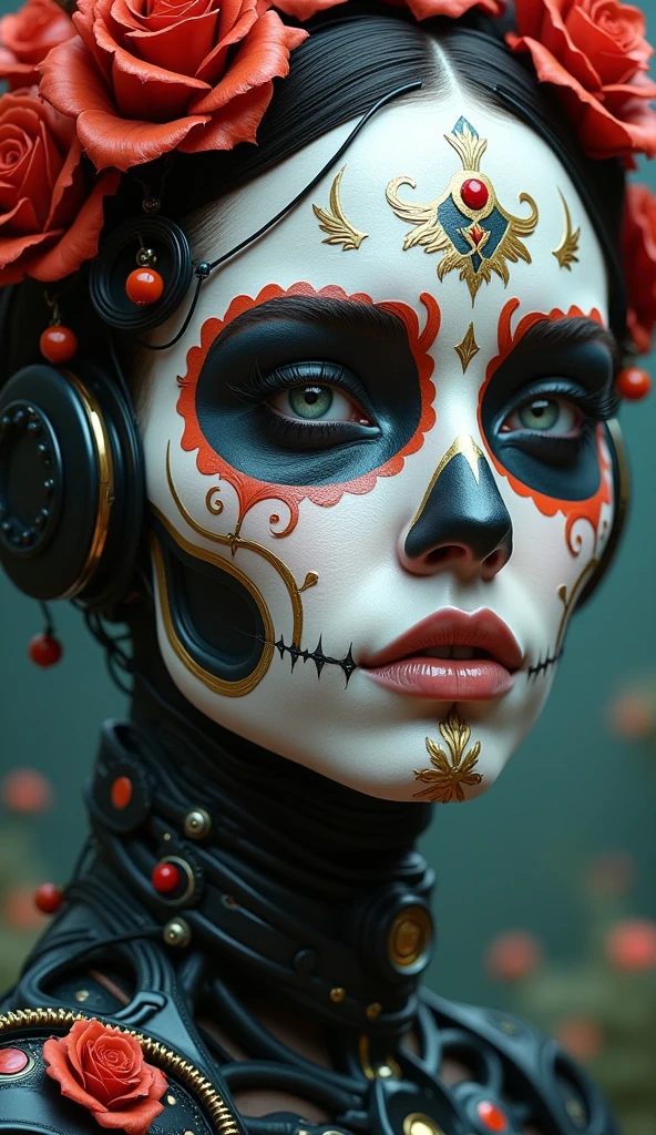 a cyborg android woman with sugar skull makeup, fantasy character portrait, ultra realistic, intricate, elegant, highly detailed, digital painting, artstaion, smooth, sharp, focus, illustration, art by artgerm and greg rutkowski and alphonse mucha