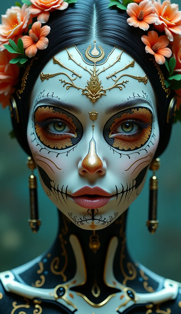 a cyborg android woman with sugar skull makeup, fantasy character portrait, ultra realistic, intricate, elegant, highly detailed, digital painting, artstaion, smooth, sharp, focus, illustration, art by artgerm and greg rutkowski and alphonse mucha