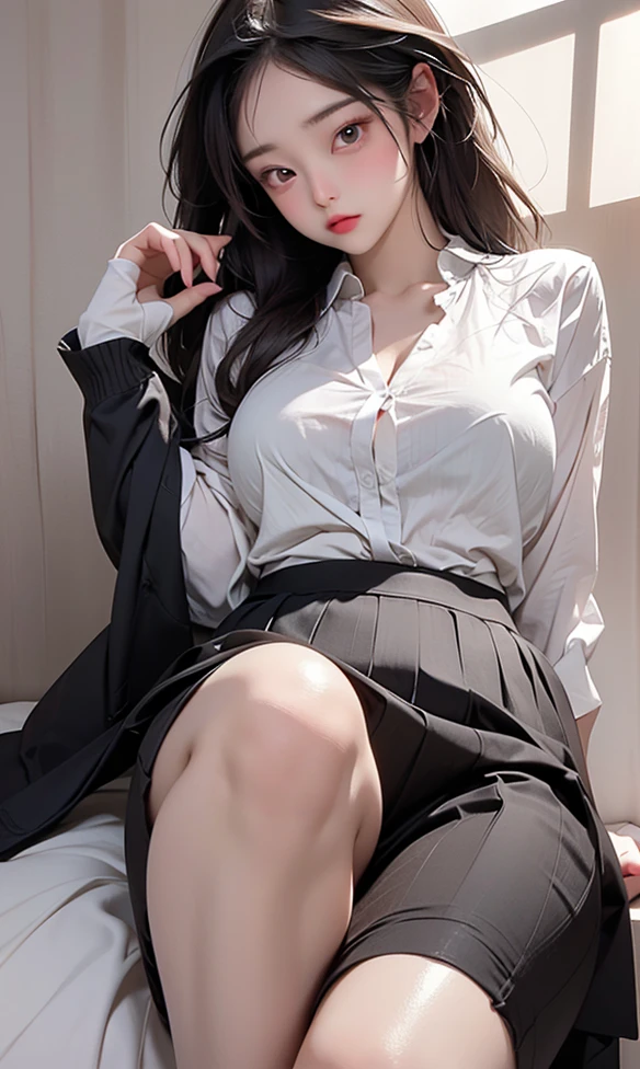 ,s the perfect face,flawless perfection,ren,tmasterpiece,professionalartwork,famousartwork,s the perfect face,beauitful face,beautidful eyes,((Perfect female body)),独奏,(immersiveatmosphere,lightand shade contrast:1.5,Bright light:1.2,lumnious),,(Blushlush:0.5),Enchanting expression,Ultimate detail_The eye,thick thight,gigantic cleavage breasts,Exquisite background,depth of fields,photorealestic:1.3,Faraway view,1girl,The shirt,pleatedskirt,School Uniform,Sit Pose,full bodyesbian,(ambient lights:1.3),(cinematic compositions:1.3),(HDR:0.1),emphasis lighting,White panty hose