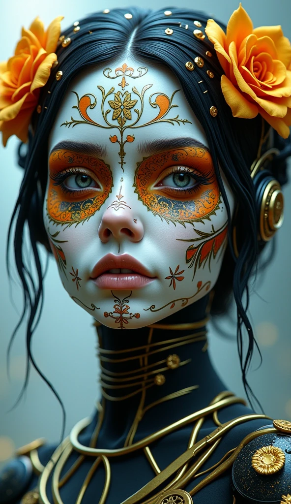 4K, Award-Winning, Hyper-Realistic, Intricate Texturing, Elegant, Ultra-Detailed, Digital Painting in Luis Royo and Paul Chabas' iconic styles, captured with a 35mm lens effect, presenting a Cyborg Android Woman adorned with Sugar Skull Makeup, set in a fantastical, ethereal ArtStation portal, showcasing smooth, sharp focus, and stunning, illustrative aesthetics