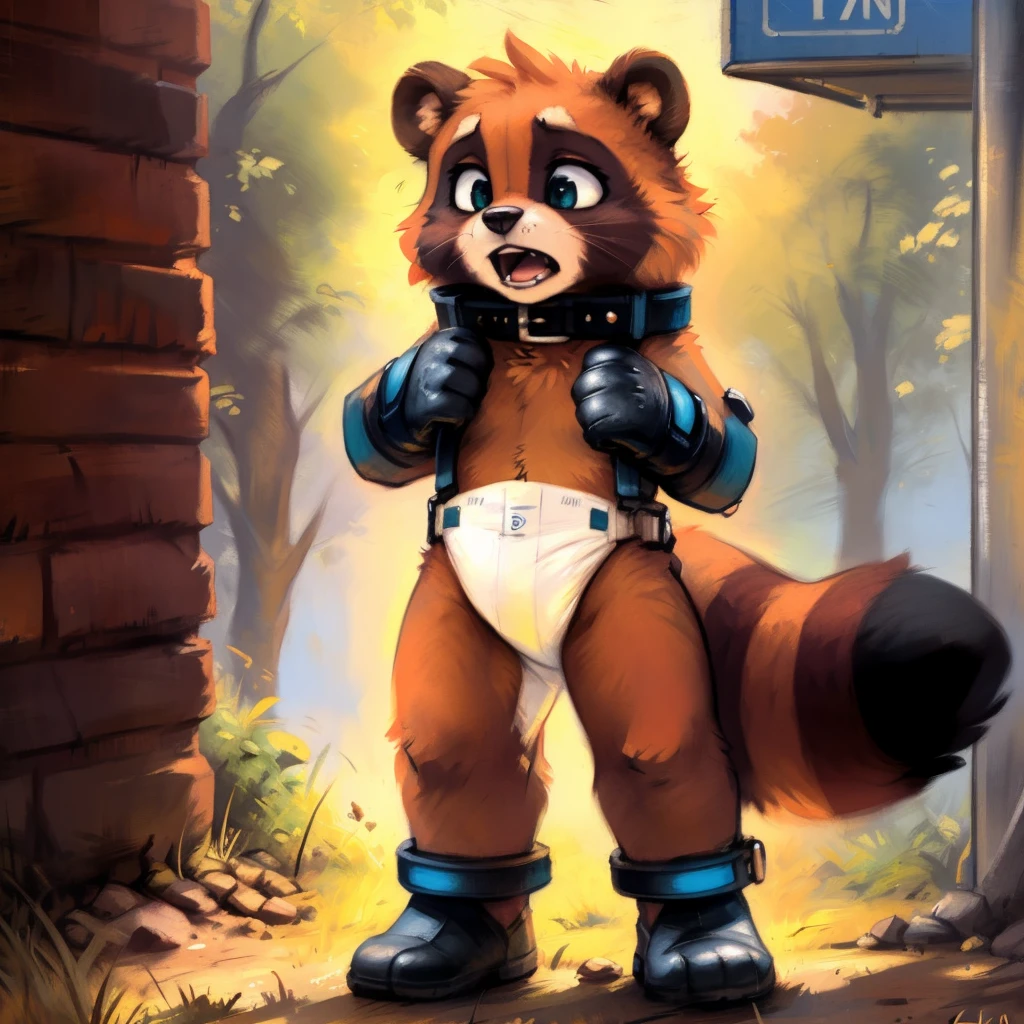 (((by fluff-kevlar, by Zackary911, by Kenket, by Kilinah))), solo (bright red tanuki), (detailed  tanuki), bright red fur,  red body, wearing a thick diaper, muscular abs, teal clear eyes,  shirtless, standing , looking at the observer with ashamed  face, scared, ( padded inflatable leather hand mitts) (padded inflatable leather socks), padded wrist cuffs,padded ankle cuffs, padded collar, scared , on futuristic laboratory, cute, japanese mascot,  proportions,  anatomy, fluffy body, at bus stop