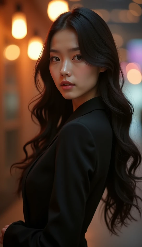 a beautiful woman with long flowing hair, wearing a formal suit, slender figure, 25 years old, japanese woman, detailed facial features, photorealistic, 8k, highly detailed, intricate details, studio lighting, cinematic lighting, dramatic lighting, dramatic pose, glamorous, elegant, confident, serene expression, atmospheric, warm colors, golden hour lighting, volumetric lights