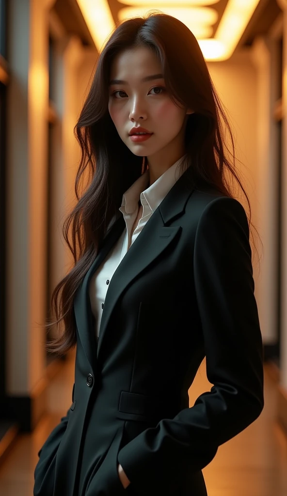 a beautiful woman with long flowing hair, wearing a formal suit, slender figure, 25 years old, japanese woman, detailed facial features, photorealistic, 8k, highly detailed, intricate details, studio lighting, cinematic lighting, dramatic lighting, dramatic pose, glamorous, elegant, confident, serene expression, atmospheric, warm colors, golden hour lighting, volumetric lights