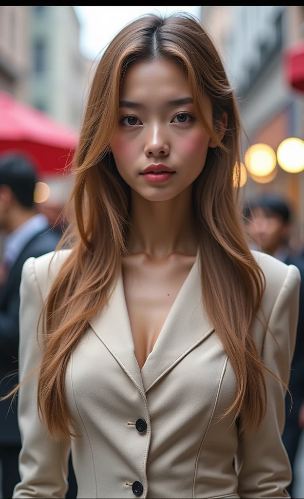 a beautiful woman with long flowing hair, wearing a formal suit, slender figure, 25 years old, japanese woman, detailed facial features, photorealistic, 8k, highly detailed, intricate details, studio lighting, cinematic lighting, dramatic lighting, dramatic pose, glamorous, elegant, confident, serene expression, atmospheric, warm colors, golden hour lighting, volumetric lights