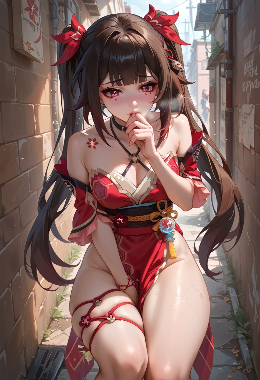 Absurd resolution, high resolution, (masterpiece:1.4), ultra-detailed, 1girl, wide-angle lens distortion, shy, sexy seductive pose, sexual invite expression, in the alley, thighs, hand between legs, have to pee, leg together, cute, heavy breathing, squishy thighs, masturbating, sex expression, masturbating so hard, sparkle honkai star rail, twintail, big thighs, pelvic curtain, sexy seductive