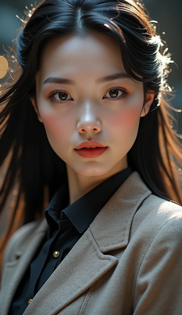 a beautiful woman with long flowing hair, wearing a formal suit, slender figure, 25 years old, japanese woman, detailed facial features, photorealistic, 8k, highly detailed, intricate details, studio lighting, cinematic lighting, dramatic lighting, dramatic pose, glamorous, elegant, confident, serene expression, atmospheric, warm colors, golden hour lighting, volumetric lights