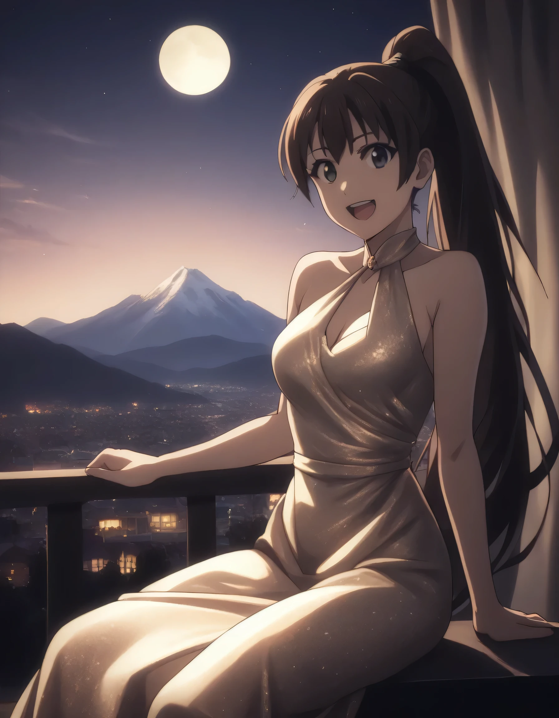 score_9, score_8_up, score_7_up, gsfghtr, long ponytail hair, evening dress, 1girl, bright, best lighting, front lighting, smile, open mouth, top mountain, city view, moon, stars