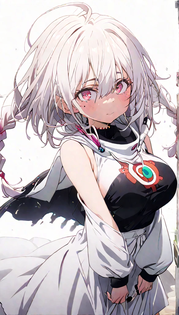 1 girl,  white hair ,  hairstyle with two small braids,  pink eyes , with a mole near the right eye , very large breasts, wearing a thin high-neck t-shirt with long sleeves color black ,  wearing a white hoodie sleeveless black and white ,standing, Using Mayan nails , with white socks, without shoes