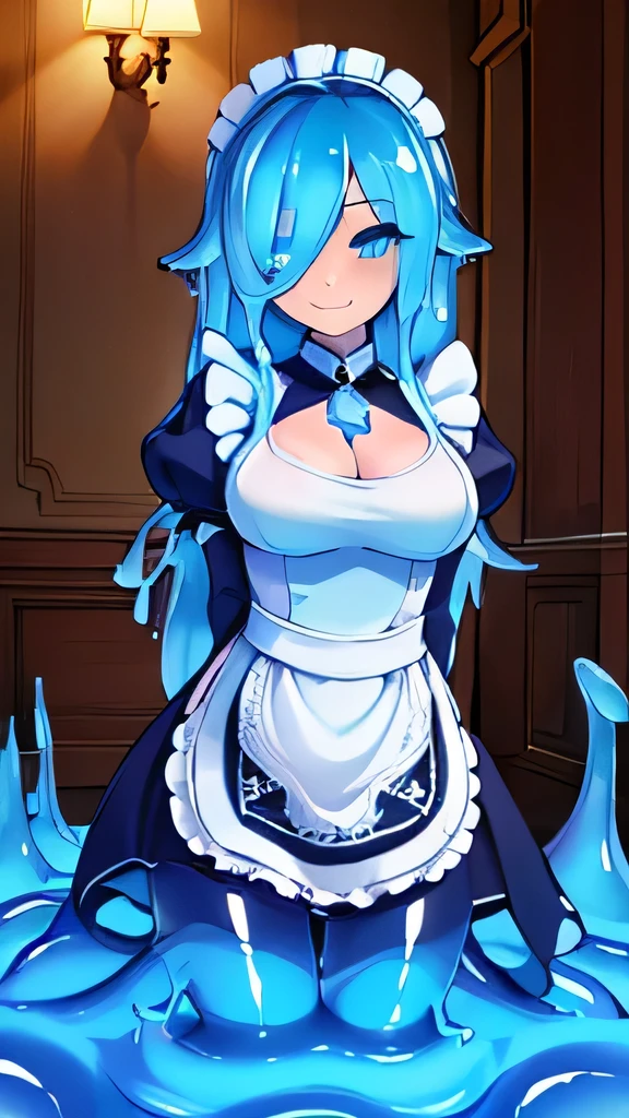 ((((masterpiece, best quality ,Ultra delicate, perfect face,detailed face,Detailed eyes,16k,high resolution)))),((brown long hair,high viscosity light blue slime body:1.3,very cute light blue slime girl, Melting below the legs:1.7,Best Anime,slimy legs)), ,( 1 girl),Large Breasts,( Maid Costume ,cute smile:1.4),cowboy shot,indoor,standing