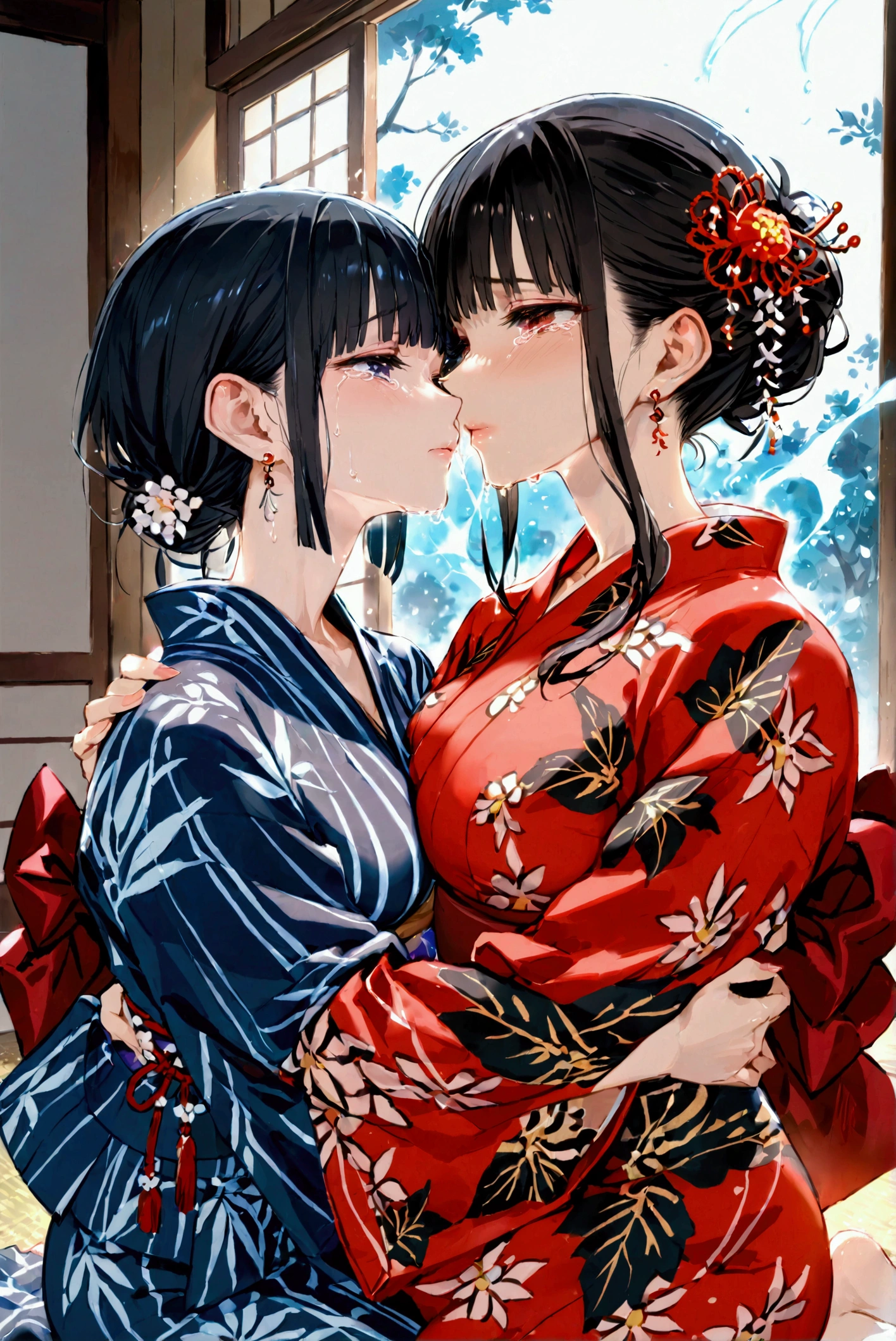 Two mature women hugging and kissing while crying in fear, yukata, kneeling,