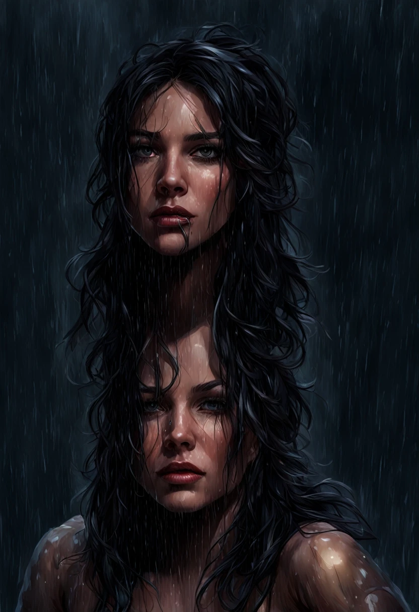 Extreme realistic depiction of a Wet Beauty Under Night Rain, in upper body shot, curvaceous glamorous body, hair over one eye,  extremely wet, realistic wet skin texture, realistic wet clothing heavy rain, realistic fabric texture, casual shirt crop top, adjusting her wet hair, head tilted slightly down.