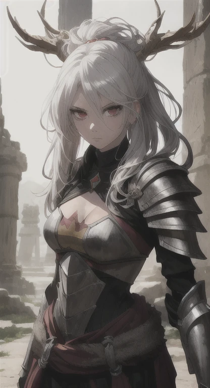 Ancient kingdom, priestess, guardian, silver hair, red eyes, bandit braids, looking at viewer, long messy hair, Yggdrasil temple, ancient Yggdrasil armor,