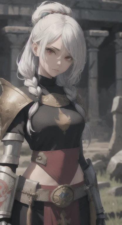 Ancient kingdom, priestess, guardian, silver hair, red eyes, bandit braids, looking at viewer, long messy hair, Yggdrasil temple, ancient Yggdrasil armor,