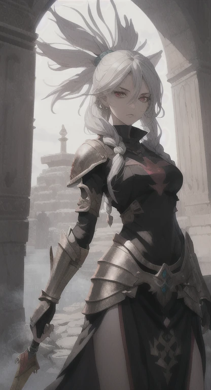 Ancient kingdom, priestess, guardian, silver hair, red eyes, bandit braids, looking at viewer, long messy hair, Yggdrasil temple, ancient Yggdrasil armor,