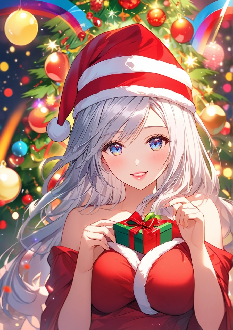 {worst quality, low-quality}, Anime artwork depicting a girl's face within a vivid and abstract collage of colors and patterns. ((Girl Photos)), alone, Big Breasts, Clear eyes and plump lips, Beautiful rainbow eyes ):1.2), Voice of the Heart, (The best smile:1.3), (Perfect hands: 1.3), (Long light silver hair, rainbow inner color: 1.5), (sexy santa girl with:1.3), ( santa costume:1.3), (off shoulders:1.4), (Santa hat on the head:1.4), (((holding out a Christmas present:1.4))), ((Perfect hand:1.2)),　The composition includes a variety of shapes, lines, and textures, all in bright and contrasting colors, creating a surreal and energetic atmosphere that draws the viewer in, ((Beautifully illuminated Christmas tree background:1.2)), --ar 3:4 --stylize 600 --niji 6, masutepiece,Best Quality,ultra-detailliert, ?masterpiece, masutepiece, Best Quality,ultra-detailliert, masterpiece,
