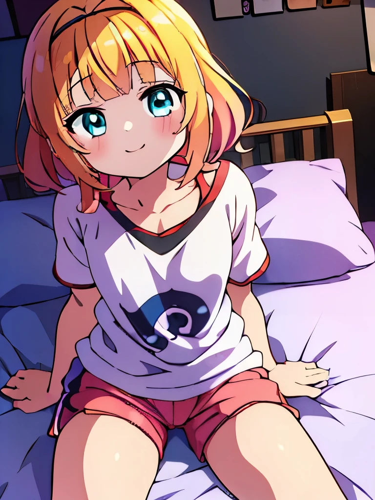 ((masterpiece)), ((best quality)), (ultra-detailed), anime style, on the bed, a cute girl, 1girl, solo, gym shorts00, ((beautiful eyes))0, smile