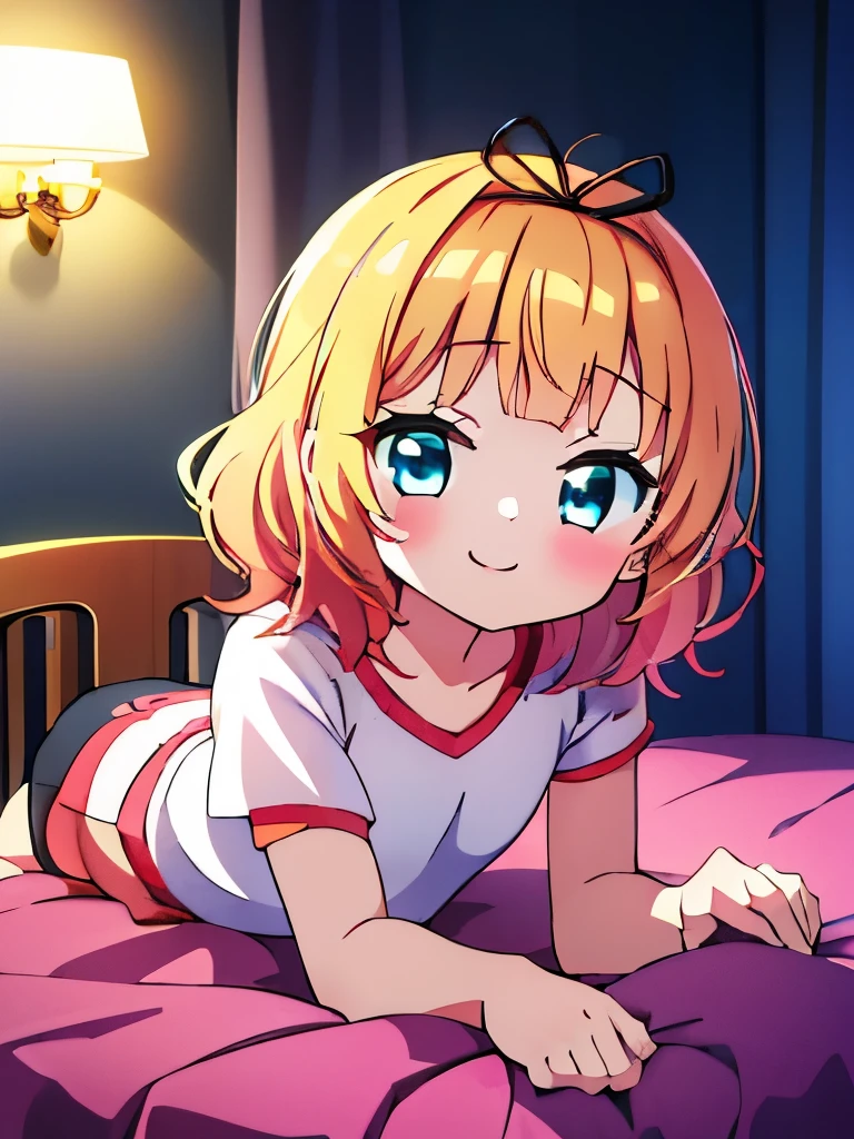 ((masterpiece)), ((best quality)), (ultra-detailed), anime style, on the bed, a cute girl, 1girl, solo, gym shorts00, ((beautiful eyes))0, smile