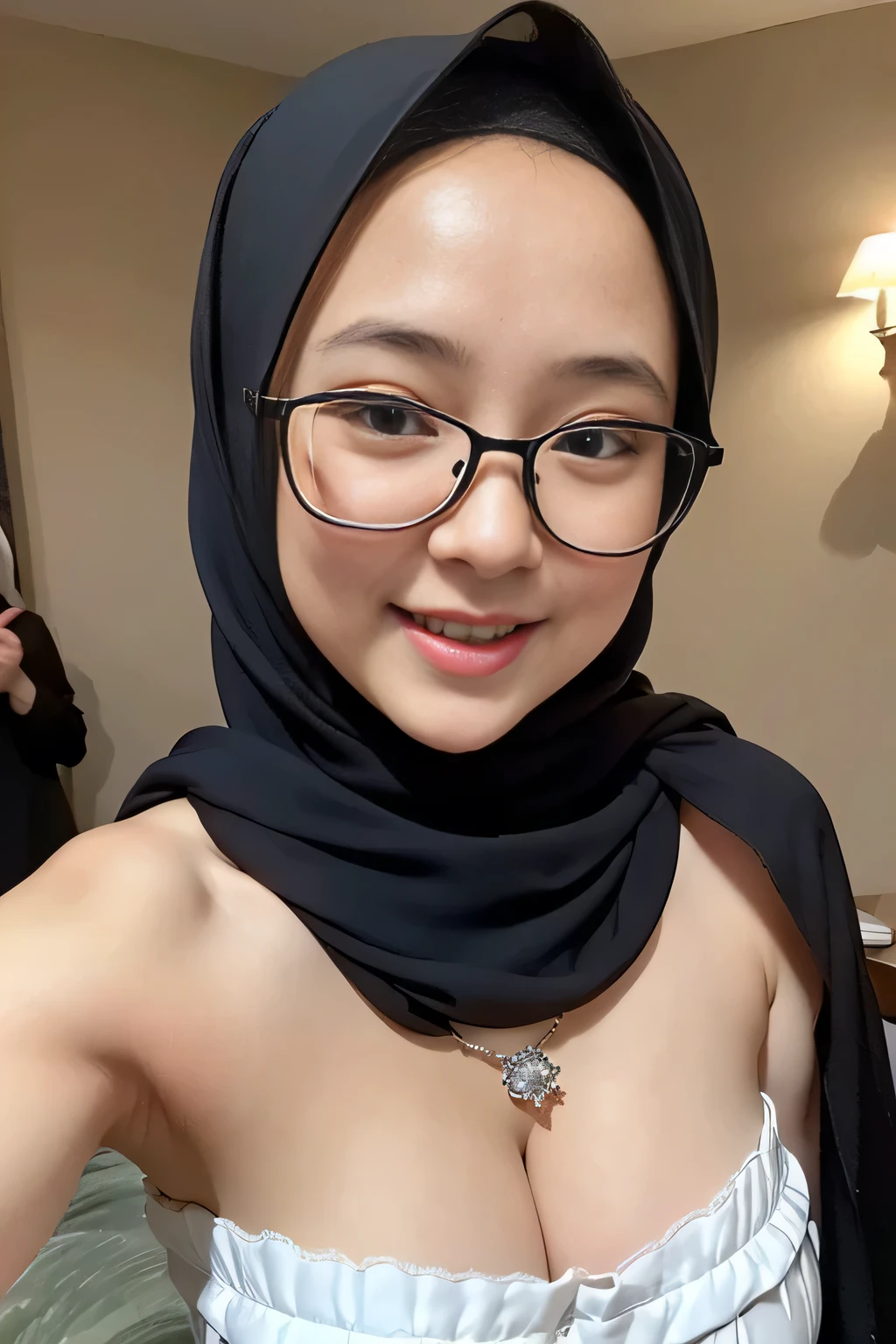 Hyper realistic, Beautiful, cute baby Face,  russian lolita Girl, blue eyes, (wearing hijab), Detailed Strapless white Gothic Dress, glasses, cleavage cutout, Rounded Breast,slightly Chubby , luxury necklace, White Skin, Smiling, Dark City Background, mid shot, whole body, Perfect Potrait, Bokeh Effect, Look at Viewer, Armpit, Perfect Eye, Perfect Hand, Perfect Finger, Bracelet, Ring, (breast size:1.4), ((adorable:1.2)), ((masterpiece:1.1)), ((bokeh:1.2)),