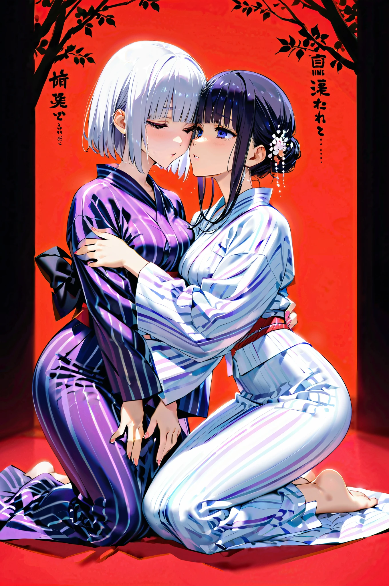 Two mature women hugging and kissing while crying in fear, yukata, kneeling,