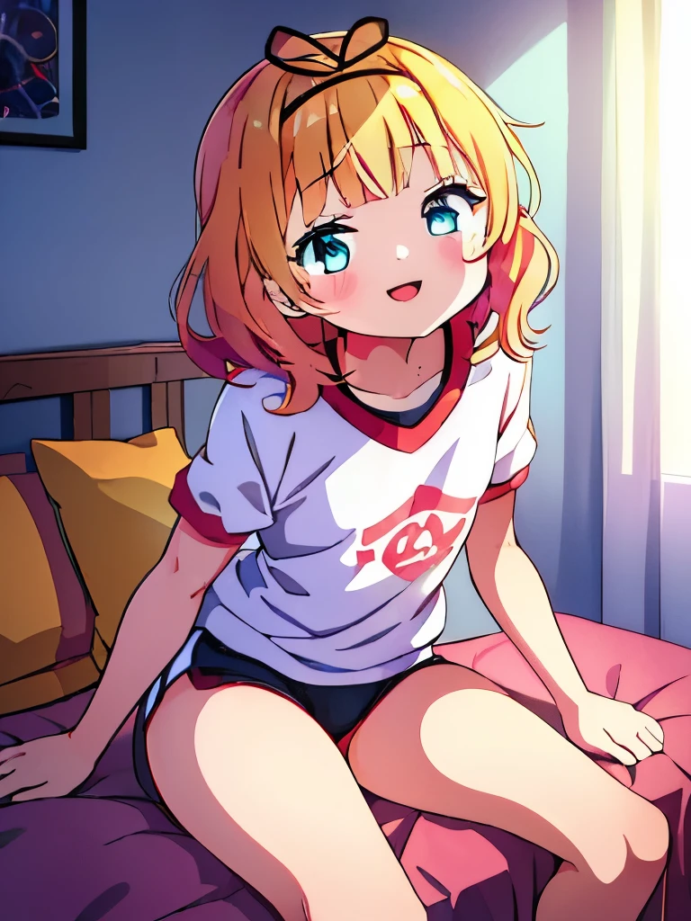 ((masterpiece)), ((best quality)), (ultra-detailed), anime style, on the bed, a cute girl, 1girl, solo, gym shorts00, ((beautiful eyes))0, smile