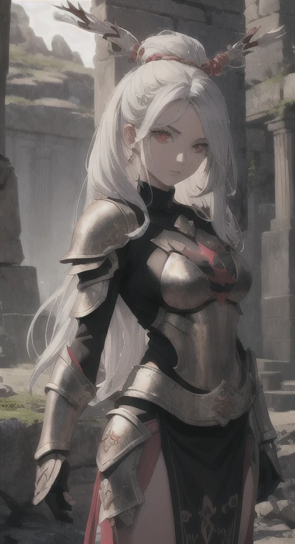 Ancient kingdom, priestess, guardian, silver hair, red eyes, bandit braids, looking at viewer, long messy hair, Yggdrasil temple, ancient Yggdrasil armor,