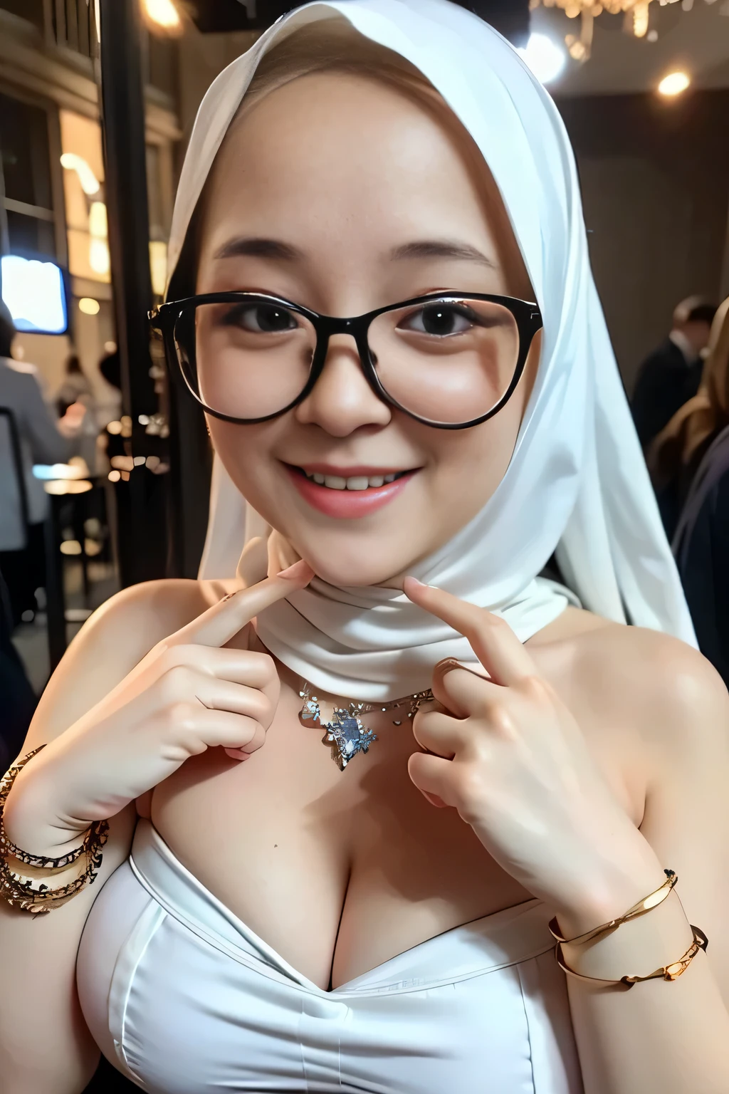 Hyper realistic, Beautiful, cute baby Face,  russian ****ta Girl, blue eyes, (wearing hijab), Detailed Strapless white Gothic Dress, glasses, cleavage cutout, Rounded Breast,slightly Chubby , luxury necklace, White Skin, Smiling, Dark City Background, mid shot, whole body, Perfect Potrait, Bokeh Effect, Look at Viewer, Armpit, Perfect Eye, Perfect Hand, Perfect Finger, Bracelet, Ring, (breast size:1.4), ((adorable:1.2)), ((masterpiece:1.1)), ((bokeh:1.2)),