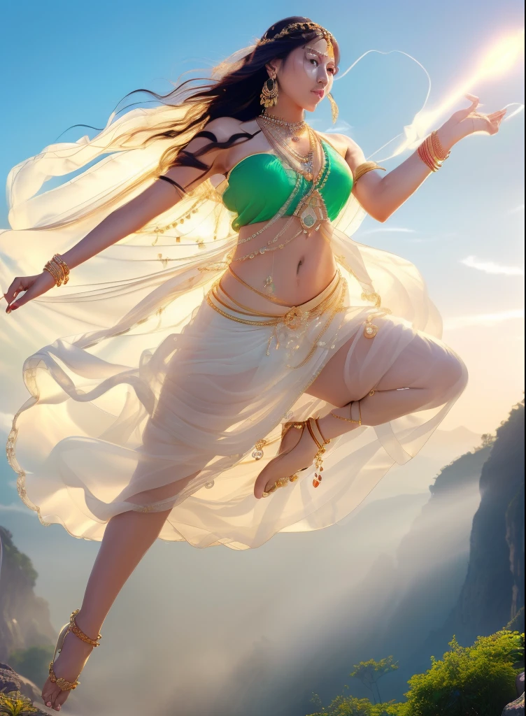 The goddess dancing in the sky，，（original：1.2），（Realism：1.4），（Sharp：1.2），(((Body high：1.5))),（（（ gem折射出耀眼的光线 ））），（（Middle chest ：1）），（Abdominal muscles：0.7），（Gluteal muscles：1.2），(Healthy skin， Thin Skin， Seductive expression， Double eyelids ，Jelly texture lips， Shiny lips，Small upturned lips，(((Flawless skin texture)))，Real pores，Textured Skin，Choker necklace ，Yingluo，（穿gem，pearl，Emerald，amber，），（Dynamic Hair，Hair hanging on shoulders，Beaded Hairpin，Layered Hair，Wet skin texture），Glossy glossy skin， exquisite facial features ，Beautiful hair，eyes looking at the lens， High quality details ，  cinematic lighting ，（（Contre-Jour））,, Unbelievable and ridiculous,  huge file size ,  super detailed,  High Resolution,  VERY DETAILED ， best quality ，masterpiece，illustration， VERY DETAILED ，CG，unified，8k wallpaper， Amazing Cleavage ， rich in detail ，masterpiece，Facial glow，Contre-Joulm lighting,(((Dynamic lens，People-oriented))),((The proportions of a high jumper)),((( dynamic posture)))，(((  Correct anatomy ))),(((clothing：Indian sari made of transparent plastic，((gem,diamond,period,Choker necklace ,Waist chain,Earrings,Earrings and Nipple Rings,bracelet，Anklets))，(((A world of mist and nothingness))),(((飞剑镶嵌着gem))),(((The body is suspended in the air， Feet in the air ，Standing on tiptoes to leave the ground，flight))),(((cinematic ligh：))),((Countless glowing swords float around the body)),