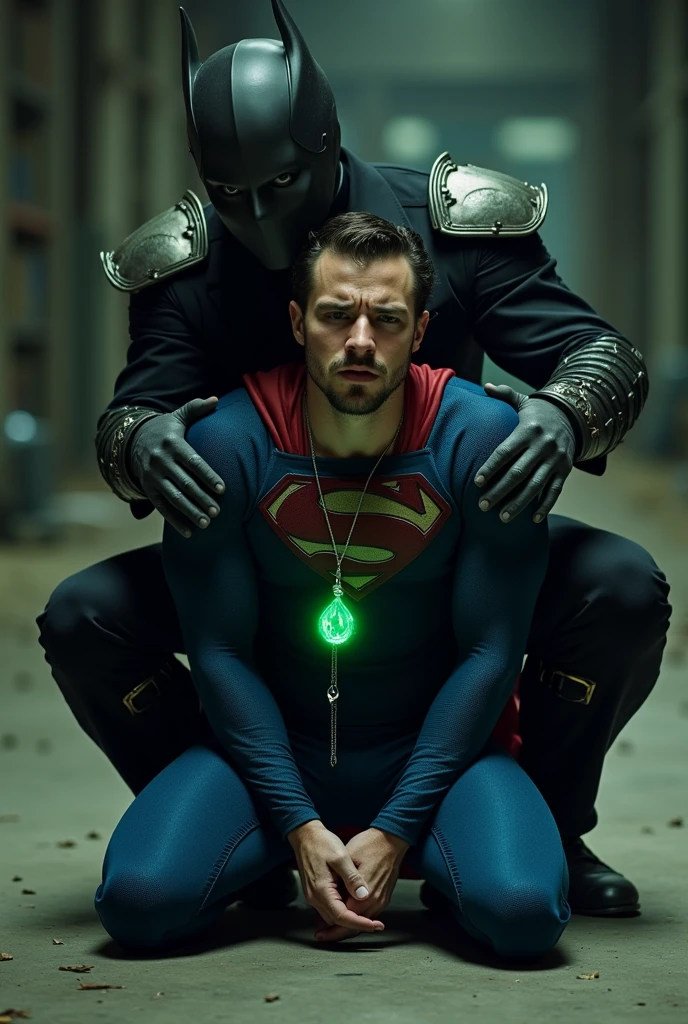 muscular attractive Nicholas Alexander Chavez, short beard, wearing blue Superman suit, He has a pained expression, with gloomy eyes. He is knees on the floor, a glowing emerald green crystal pendant hanging from his neck. He looks weak and in pain, with his eyes closed. A evil man in a dark suit hugging him from behind, his hands glowing with green magical energy. The background is blurred, suggesting an abandoned warehouse environment, adding a somber and intense atmosphere to the image. The color scheme is dominated by dark tones, with the armor in black and silver hues