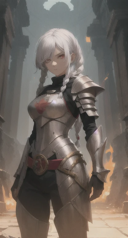 Ancient kingdom, knight, guardian, silver hair, red eyes, bandit braids, looking at viewer, long messy hair, Yggdrasil temple, ancient Yggdrasil armor,