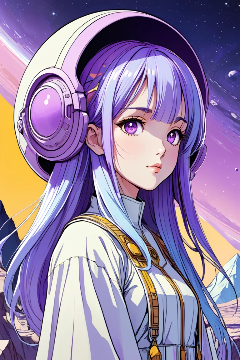 ((best quality)), ((masterpiece)), (detailed), perfect anime waifu girl face, her name is Lovelot, she has long straight purple hair, she wears a white tunic with a series of shapes printed on it that look like code, her skin is brown, her eyes are purple, she's cute but tough, she flies a pod spaceship that is parked next to her, she has just landed on a strange planet with pyramid shaped mountains, strange brutalist style architecture, surreal, art nouveau, in the illustrative style of moebius, spaceships, fantasy, sci-fi, graphic novel, line drawing, french retro, 60s psychedelic, trippy, hippy, ((purple, yellow, and light blue)), 