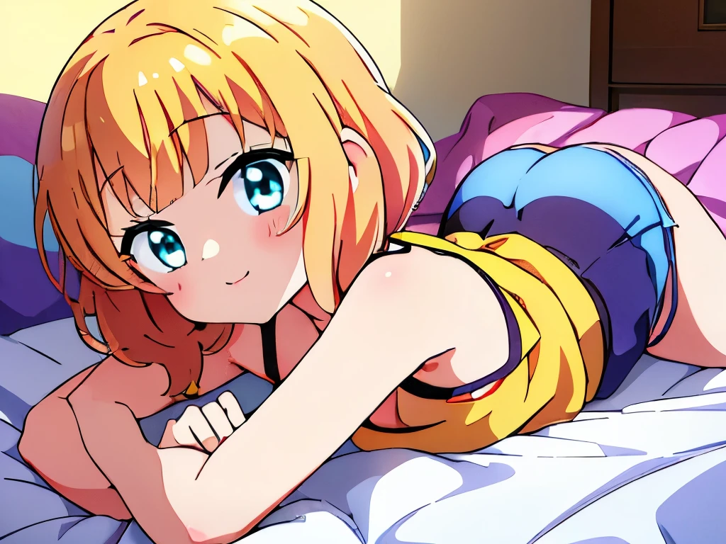 ((masterpiece)), ((best quality)), (ultra-detailed), anime style, on the bed, a cute girl, 1girl, solo, gym shorts00, ((beautiful eyes))0, smile