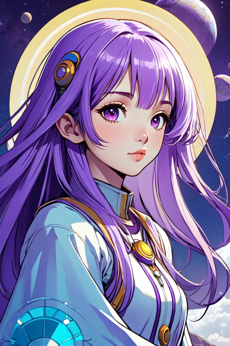 ((best quality)), ((masterpiece)), (detailed), perfect anime waifu girl face, her name is Lovelot, she has long straight purple hair, she wears a white tunic with a series of shapes printed on it that look like code, her skin is brown, her eyes are purple, she's cute but tough, she flies a pod spaceship that is parked next to her, she has just landed on a strange planet with pyramid shaped mountains, strange brutalist style architecture, surreal, art nouveau, in the illustrative style of moebius, spaceships, fantasy, sci-fi, graphic novel, line drawing, french retro, 60s psychedelic, trippy, hippy, ((purple, yellow, and light blue)), small breasts, cleavage, petite, young asian teen, slender, skinny, 