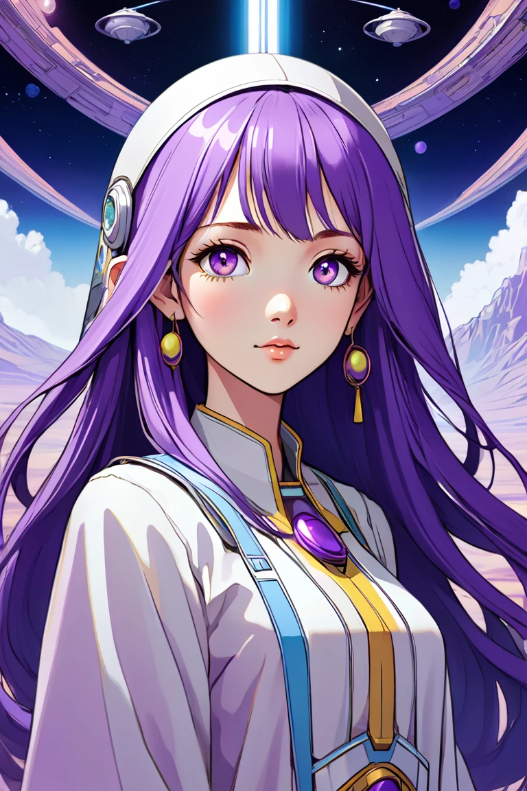 ((best quality)), ((masterpiece)), (detailed), perfect anime waifu girl face, her name is Lovelot, she has long straight purple hair, she wears a white tunic with a series of shapes printed on it that look like code, her skin is brown, her eyes are purple, she's cute but tough, she flies a pod spaceship that is parked next to her, she has just landed on a strange planet with pyramid shaped mountains, strange brutalist style architecture, surreal, art nouveau, in the illustrative style of moebius, spaceships, fantasy, sci-fi, graphic novel, line drawing, french retro, 60s psychedelic, trippy, hippy, ((purple, yellow, and light blue)), small breasts, cleavage, petite, young asian teen, slender, skinny, 