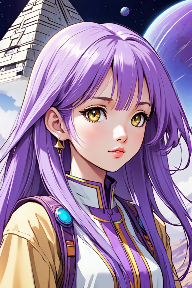 ((best quality)), ((masterpiece)), (detailed), perfect anime waifu girl face, her name is Lovelot, she has long straight purple hair, she wears a white tunic with a series of shapes printed on it that look like code, her skin is brown, her eyes are purple, she's cute but tough, she flies a pod spaceship that is parked next to her, she has just landed on a strange planet with pyramid shaped mountains, strange brutalist style architecture, surreal, art nouveau, in the illustrative style of moebius, spaceships, fantasy, sci-fi, graphic novel, line drawing, french retro, 60s psychedelic, trippy, hippy, ((purple, yellow, and light blue)), small breasts, cleavage, petite, young asian teen, slender, skinny, 