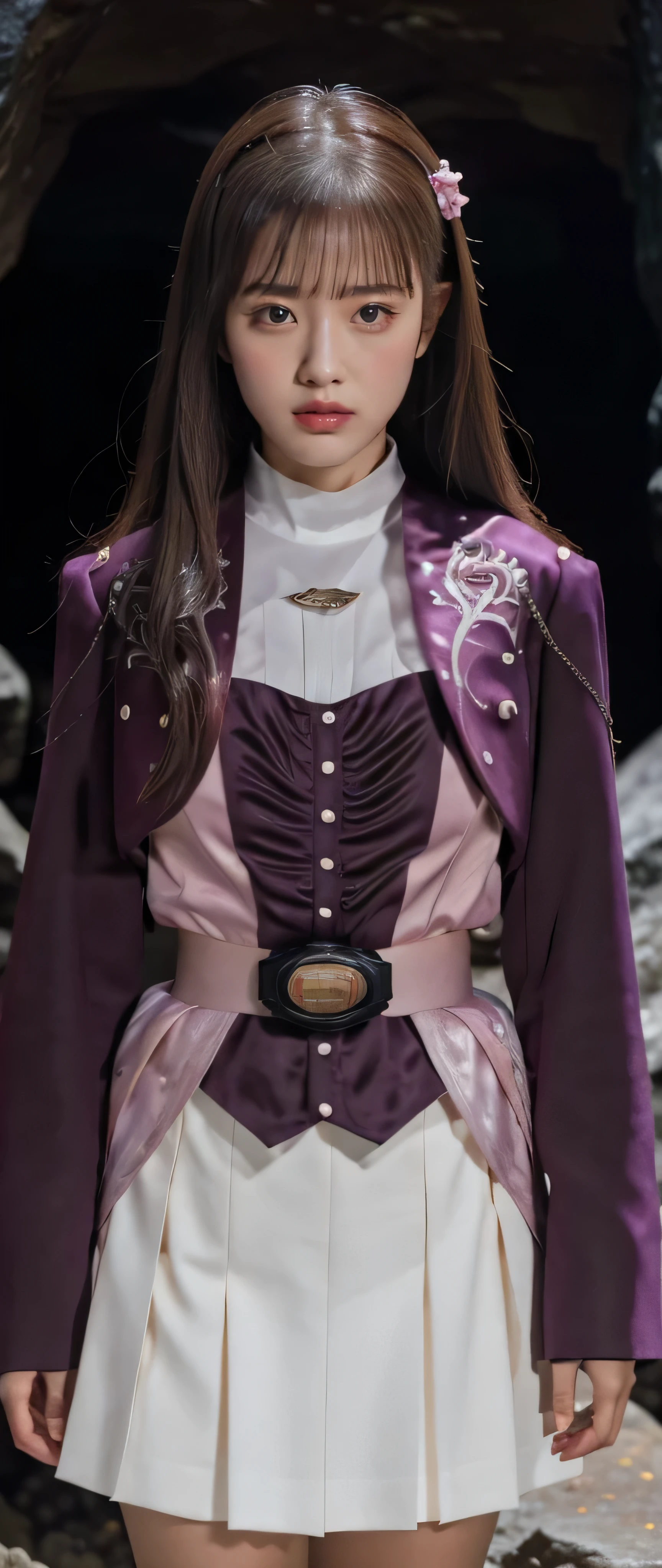 (High-definition CG), (  Best Quality ), ( In a dark cave ),(Inside a dark temple with no lights),((  1 Girl )),   perfect face,    shiny skin ,    wide hips  ,    Thin Waist, May,   Purple Bolero Jacket,white culotte skirt,   Long Sleeve   , Pink Belt, Brown Hair,   straight hair,(( Expressionless))