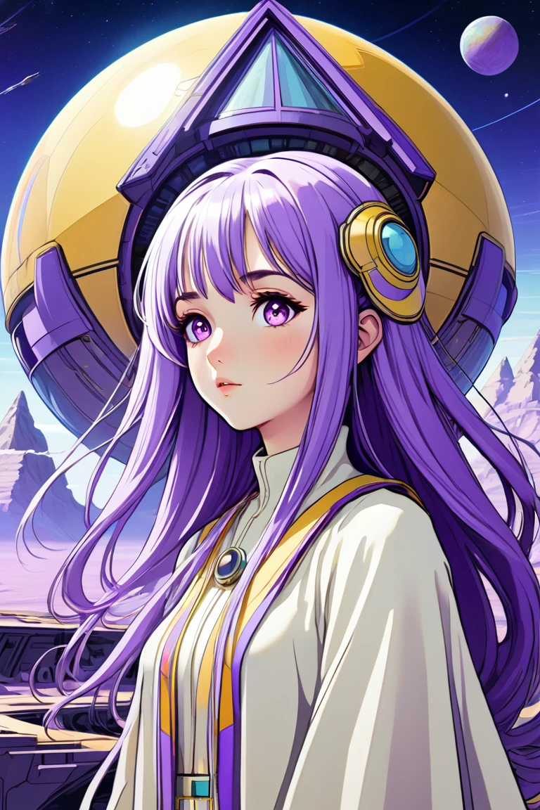 ((best quality)), ((masterpiece)), (detailed), perfect anime waifu girl face, her name is Lovelot, she has long straight purple hair, she wears a white tunic with a series of shapes printed on it that look like code, her skin is brown, her eyes are purple, she's cute but tough, she flies a pod spaceship that is parked next to her, she has just landed on a strange planet with pyramid shaped mountains, strange brutalist style architecture, surreal, art nouveau, in the illustrative style of moebius, spaceships, fantasy, sci-fi, graphic novel, line drawing, french retro, 60s psychedelic, trippy, hippy, ((purple, yellow, and light blue)), 