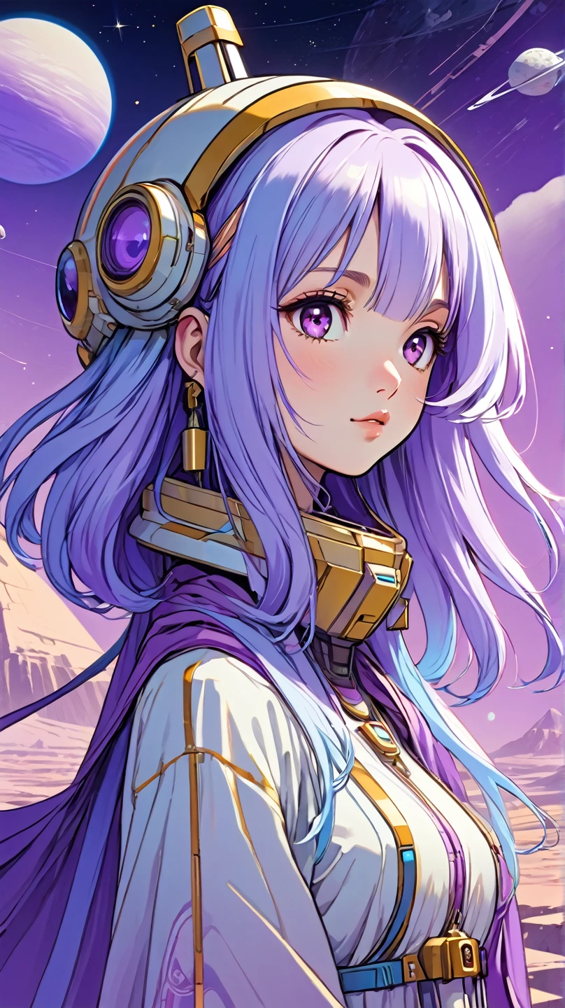 ((best quality)), ((masterpiece)), (detailed), perfect anime waifu girl face, her name is Lovelot, she has long straight purple hair, she wears a white tunic with a series of shapes printed on it that look like code, her skin is brown, her eyes are purple, she's cute but tough, she flies a pod spaceship that is parked next to her, she has just landed on a strange planet with pyramid shaped mountains, strange brutalist style architecture, surreal, art nouveau, in the illustrative style of moebius, spaceships, fantasy, sci-fi, graphic novel, line drawing, french retro, 60s psychedelic, trippy, hippy, ((purple, yellow, and light blue)), small breasts, cleavage, petite, young asian teen, slender, skinny, 