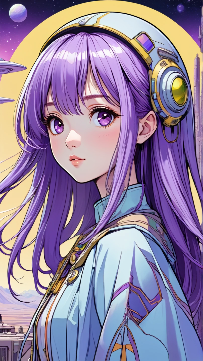 ((best quality)), ((masterpiece)), (detailed), perfect anime waifu girl face, her name is Lovelot, she has long straight purple hair, she wears a white tunic with a series of shapes printed on it that look like code, her skin is brown, her eyes are purple, she's cute but tough, she flies a pod spaceship that is parked next to her, she has just landed on a strange planet with pyramid shaped mountains, strange brutalist style architecture, surreal, art nouveau, in the illustrative style of moebius, spaceships, fantasy, sci-fi, graphic novel, line drawing, french retro, 60s psychedelic, trippy, hippy, ((purple, yellow, and light blue)), small breasts, cleavage, petite, young asian teen, slender, skinny, 