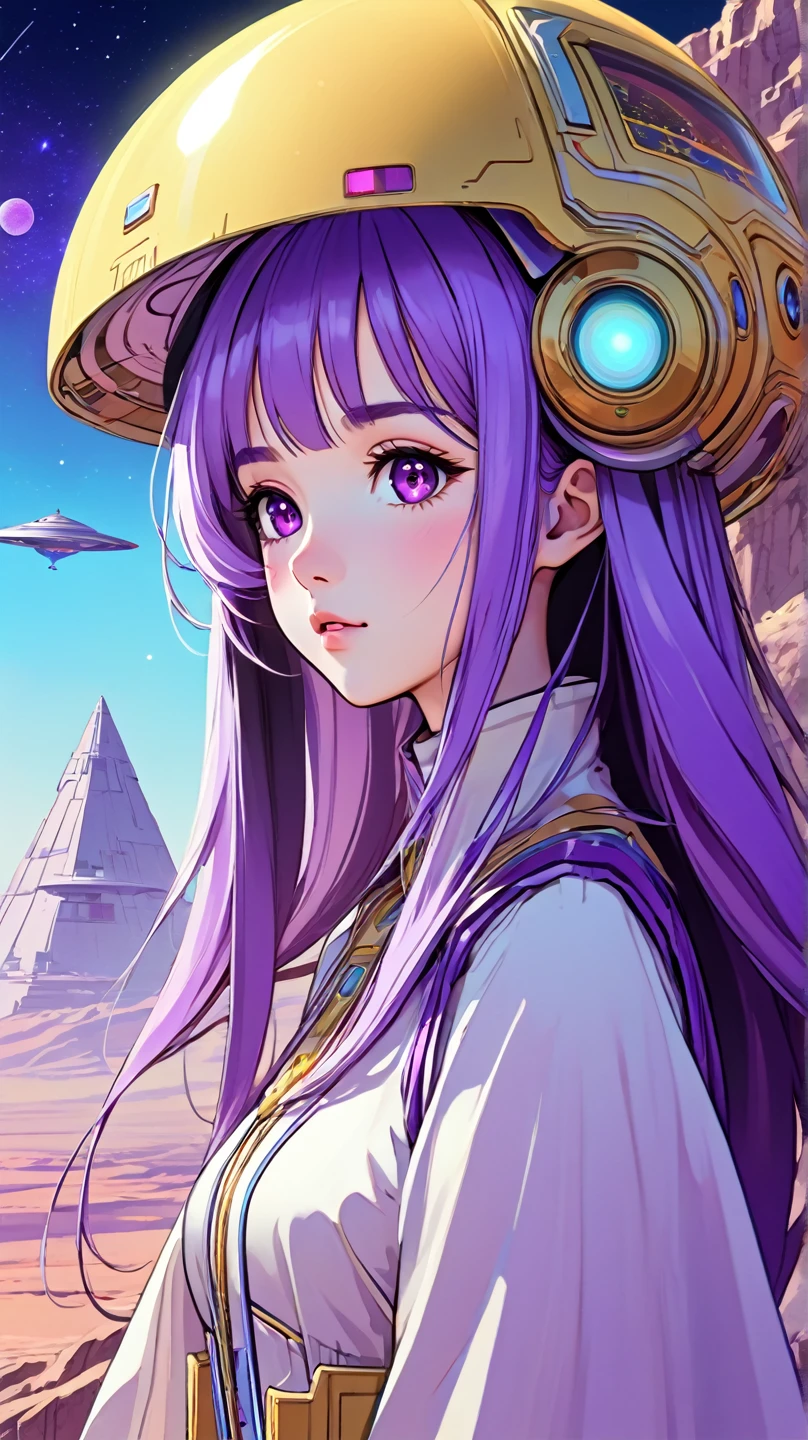 ((best quality)), ((masterpiece)), (detailed), perfect anime waifu girl face, her name is Lovelot, she has long straight purple hair, she wears a white tunic with a series of shapes printed on it that look like code, her skin is brown, her eyes are purple, she's cute but tough, she flies a pod spaceship that is parked next to her, she has just landed on a strange planet with pyramid shaped mountains, strange brutalist style architecture, surreal, art nouveau, in the illustrative style of moebius, spaceships, fantasy, sci-fi, graphic novel, line drawing, french retro, 60s psychedelic, trippy, hippy, ((purple, yellow, and light blue)), small breasts, cleavage, petite, young asian teen, slender, skinny, 