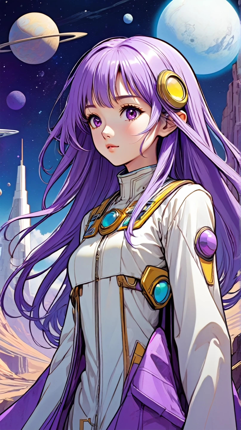 ((best quality)), ((masterpiece)), (detailed), perfect anime waifu girl face, her name is Lovelot, she has long straight purple hair, she wears a white tunic with a series of shapes printed on it that look like code, her skin is brown, her eyes are purple, she's cute but tough, she flies a pod spaceship that is parked next to her, she has just landed on a strange planet with pyramid shaped mountains, strange brutalist style architecture, surreal, art nouveau, in the illustrative style of moebius, spaceships, fantasy, sci-fi, graphic novel, line drawing, french retro, 60s psychedelic, trippy, hippy, ((purple, yellow, and light blue)), small breasts, cleavage, petite, young asian teen, slender, skinny, 