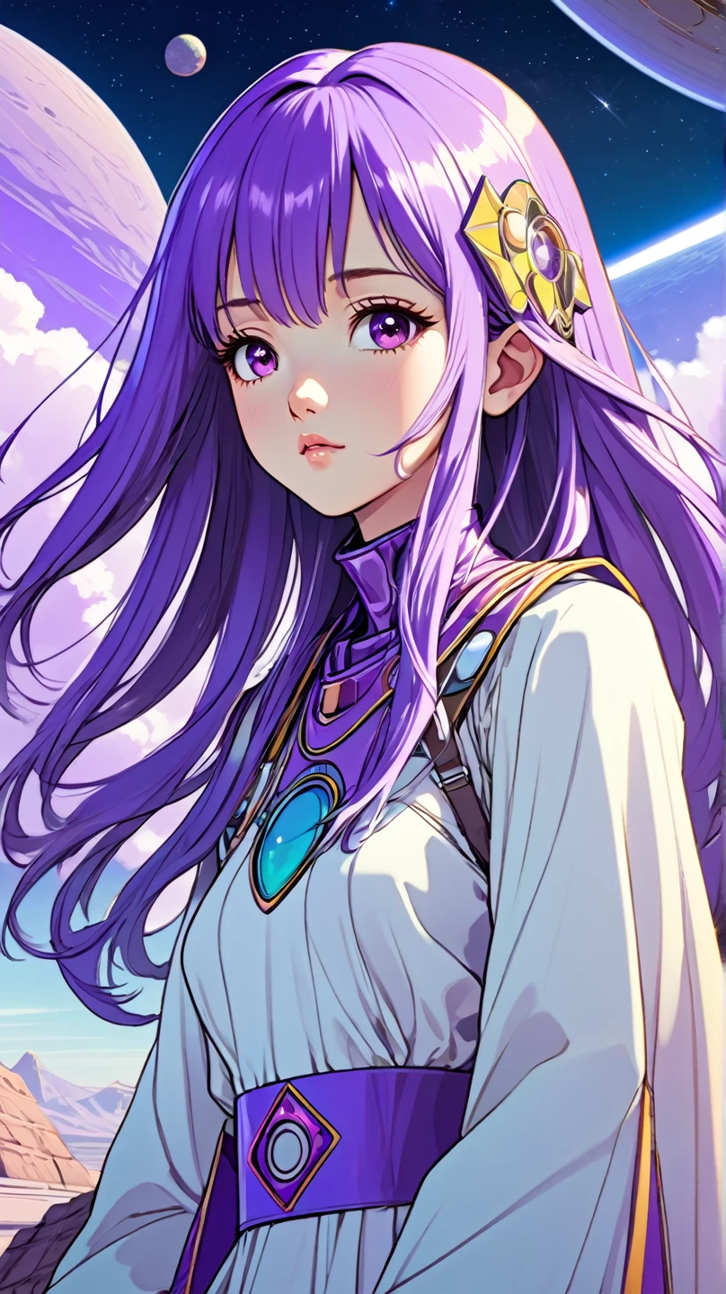 ((best quality)), ((masterpiece)), (detailed), perfect anime waifu girl face, her name is Lovelot, she has long straight purple hair, she wears a white tunic with a series of shapes printed on it that look like code, her skin is brown, her eyes are purple, she's cute but tough, she flies a pod spaceship that is parked next to her, she has just landed on a strange planet with pyramid shaped mountains, strange brutalist style architecture, surreal, art nouveau, in the illustrative style of moebius, spaceships, fantasy, sci-fi, graphic novel, line drawing, french retro, 60s psychedelic, trippy, hippy, ((purple, yellow, and light blue)), small breasts, cleavage, petite, young asian teen, slender, skinny, 