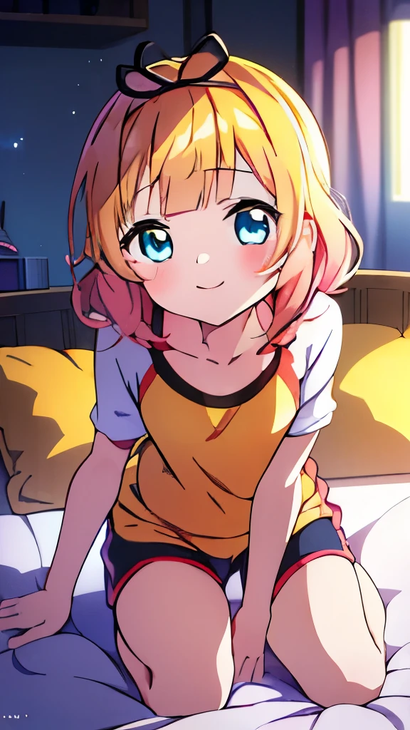 ((masterpiece)), ((best quality)), (ultra-detailed), anime style, on the bed, a cute girl, 1girl, solo, gym shorts00, ((beautiful eyes))0, smile